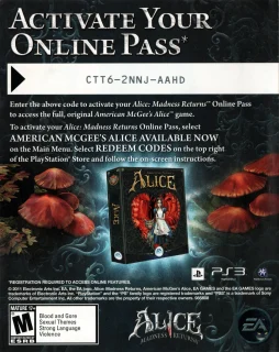 Alice: Madness Returns PlayStation 3 NTSC-U code insert