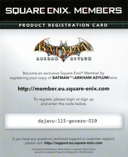 Batman: Arkham Asylum PlayStation 3 PAL Platinum code insert, front