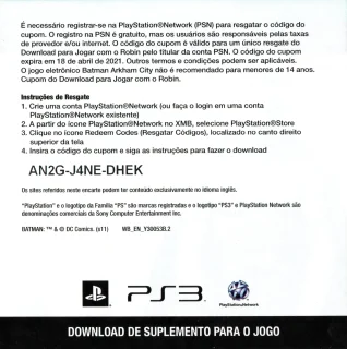 Batman: Arkham City PlayStation 3 NTSC-U code insert, back 2