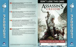 Assassin's Creed III PlayStation 3 NTSC-U code insert, front