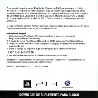Batman: Arkham City PlayStation 3 NTSC-U code insert, back